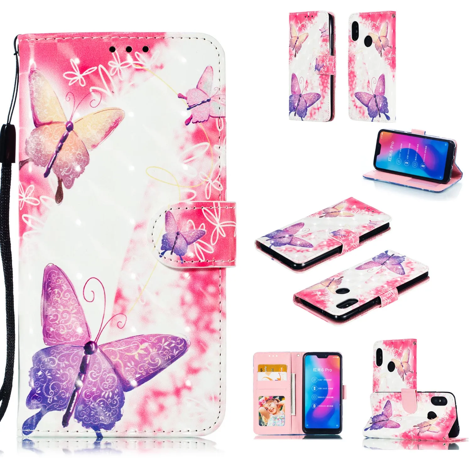 For Redmi 6 pro/XIAOMI A2 LITE 3D Coloured Painted Leather Protective Case with Bracket & Card Position & Lanyard Jingle cat