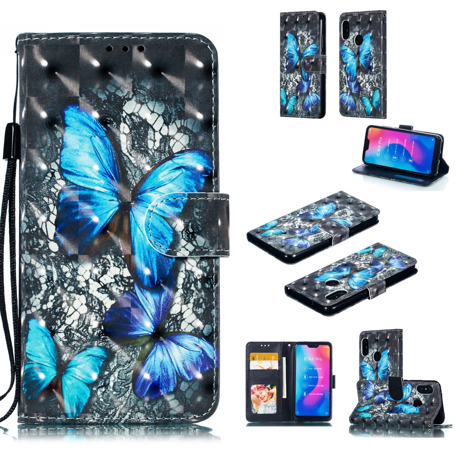 For Redmi 6 pro/XIAOMI A2 LITE 3D Coloured Painted Leather Protective Case with Bracket & Card Position & Lanyard Jingle cat