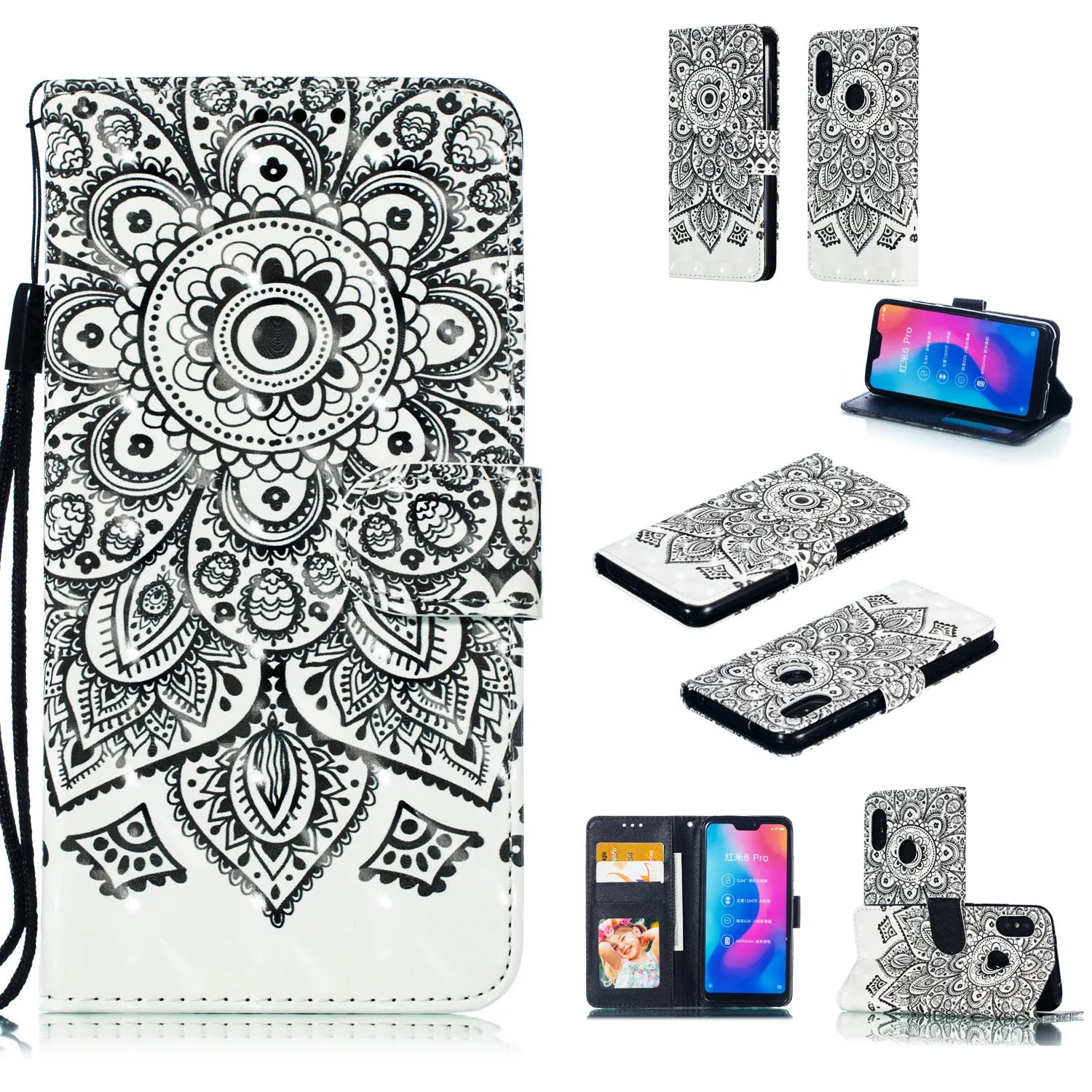 For Redmi 6 pro/XIAOMI A2 LITE 3D Coloured Painted Leather Protective Case with Bracket & Card Position & Lanyard Jingle cat