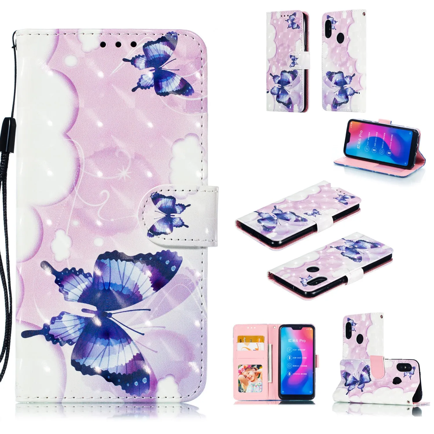 For Redmi 6 pro/XIAOMI A2 LITE 3D Coloured Painted Leather Protective Case with Bracket & Card Position & Lanyard Jingle cat