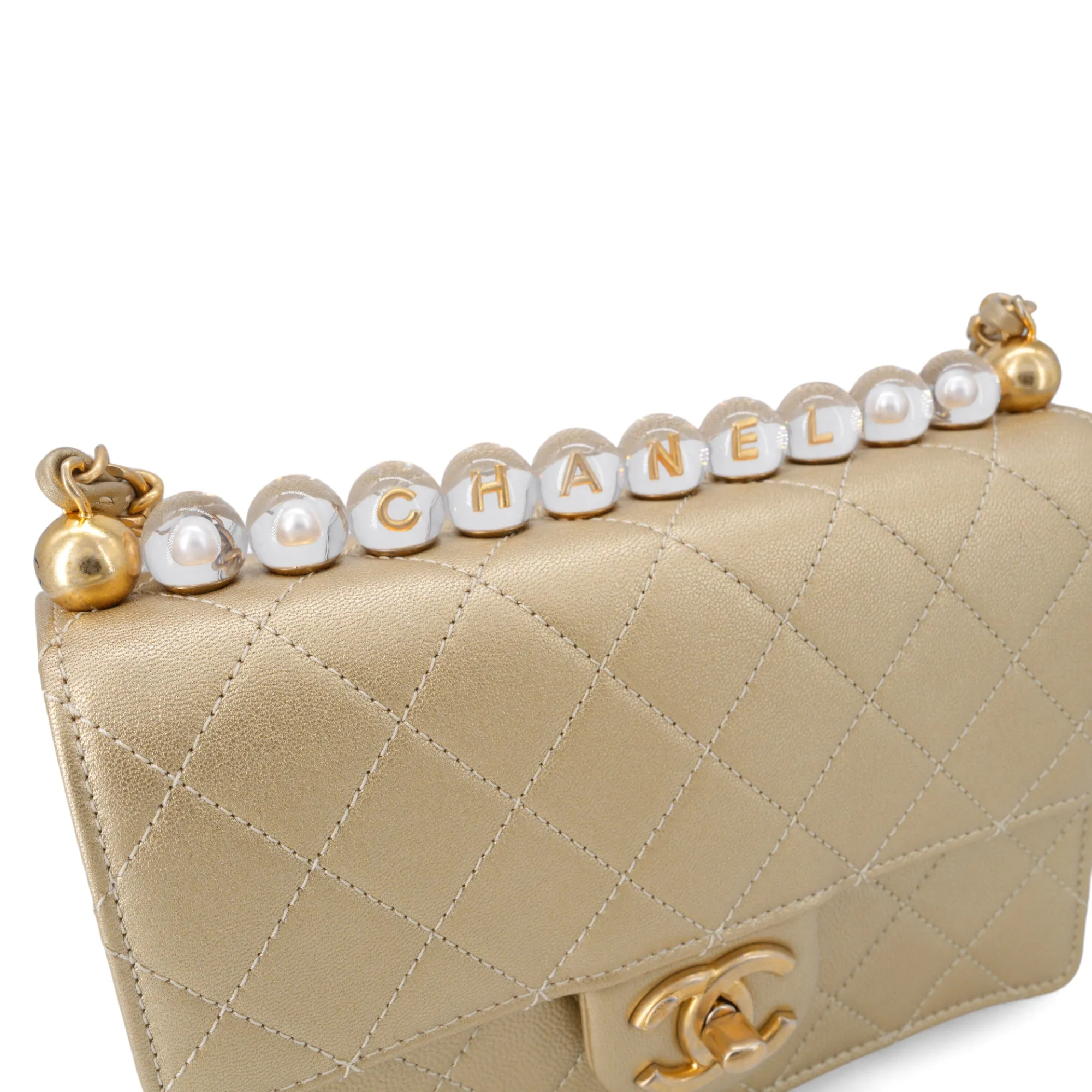Gold Quilted Small Chic Pearls Flap Bag