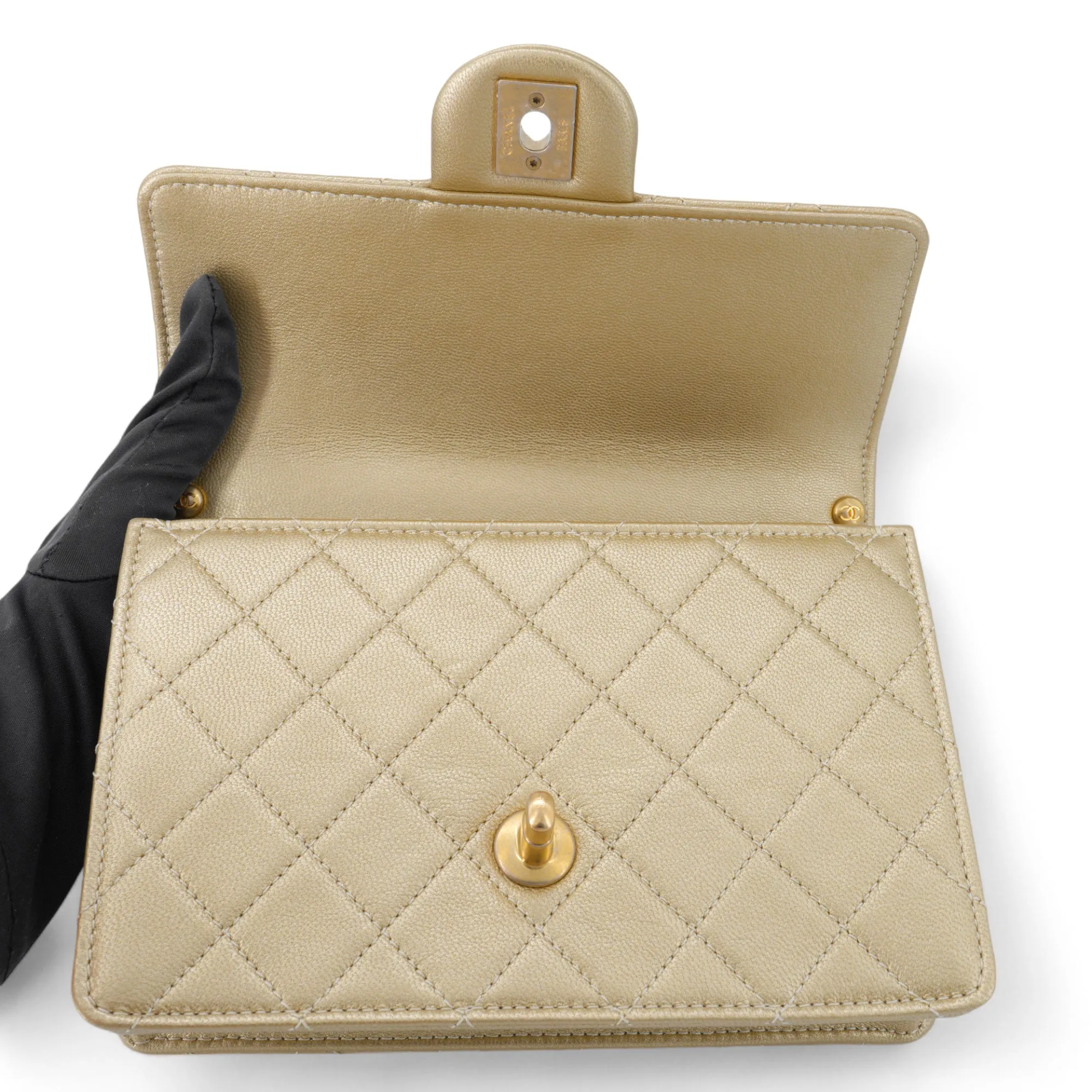 Gold Quilted Small Chic Pearls Flap Bag