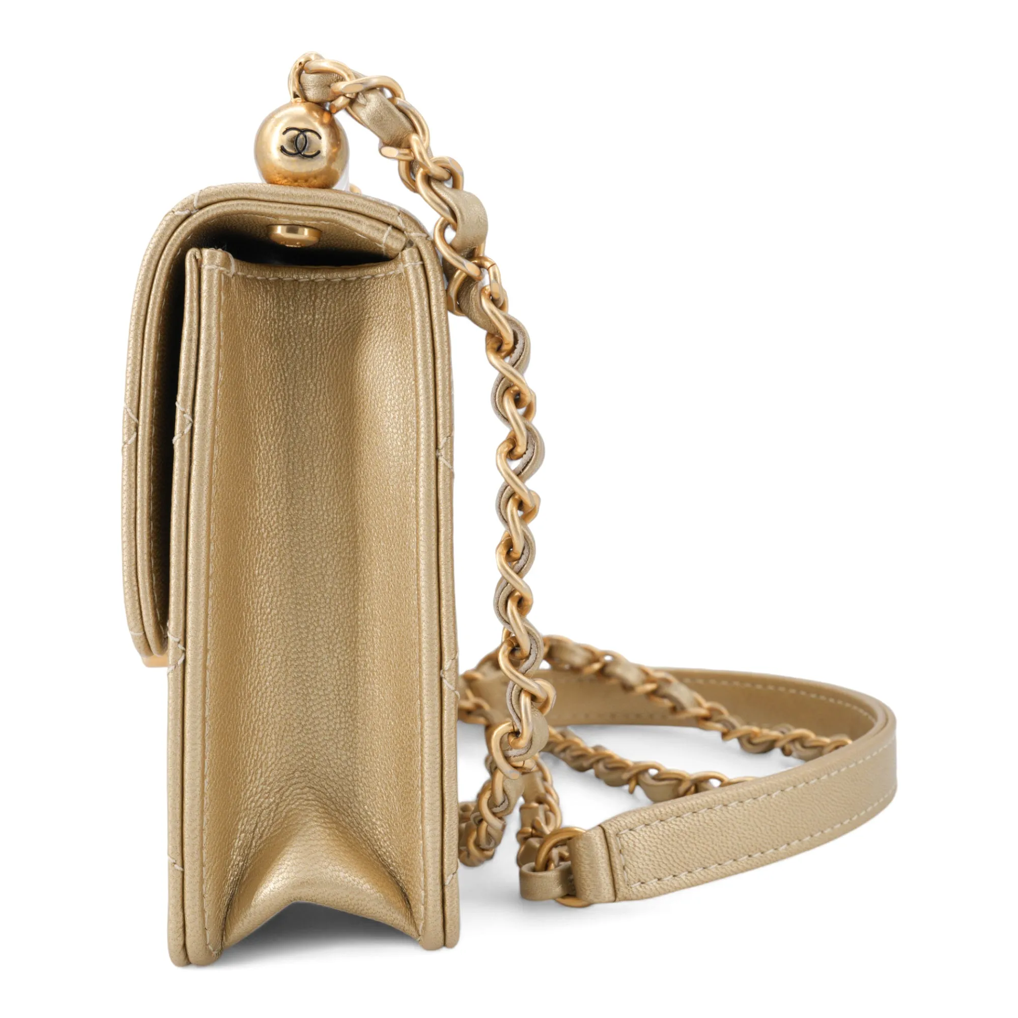 Gold Quilted Small Chic Pearls Flap Bag