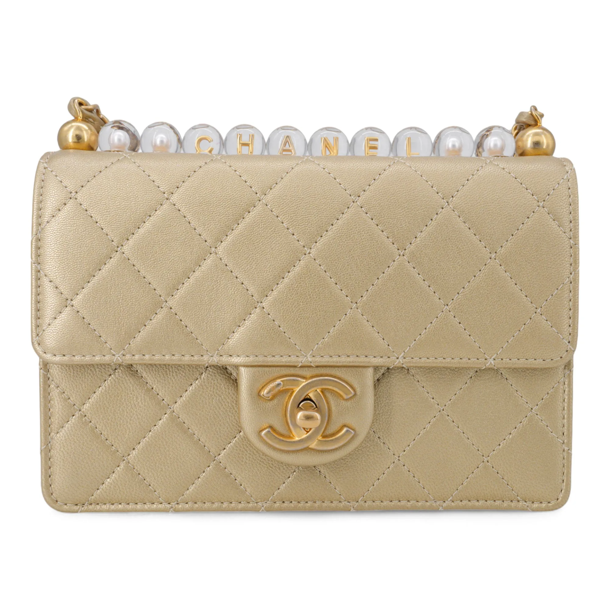 Gold Quilted Small Chic Pearls Flap Bag