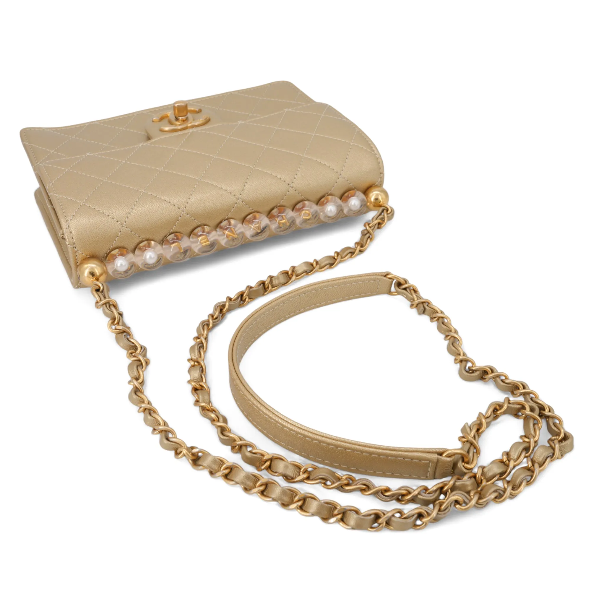 Gold Quilted Small Chic Pearls Flap Bag