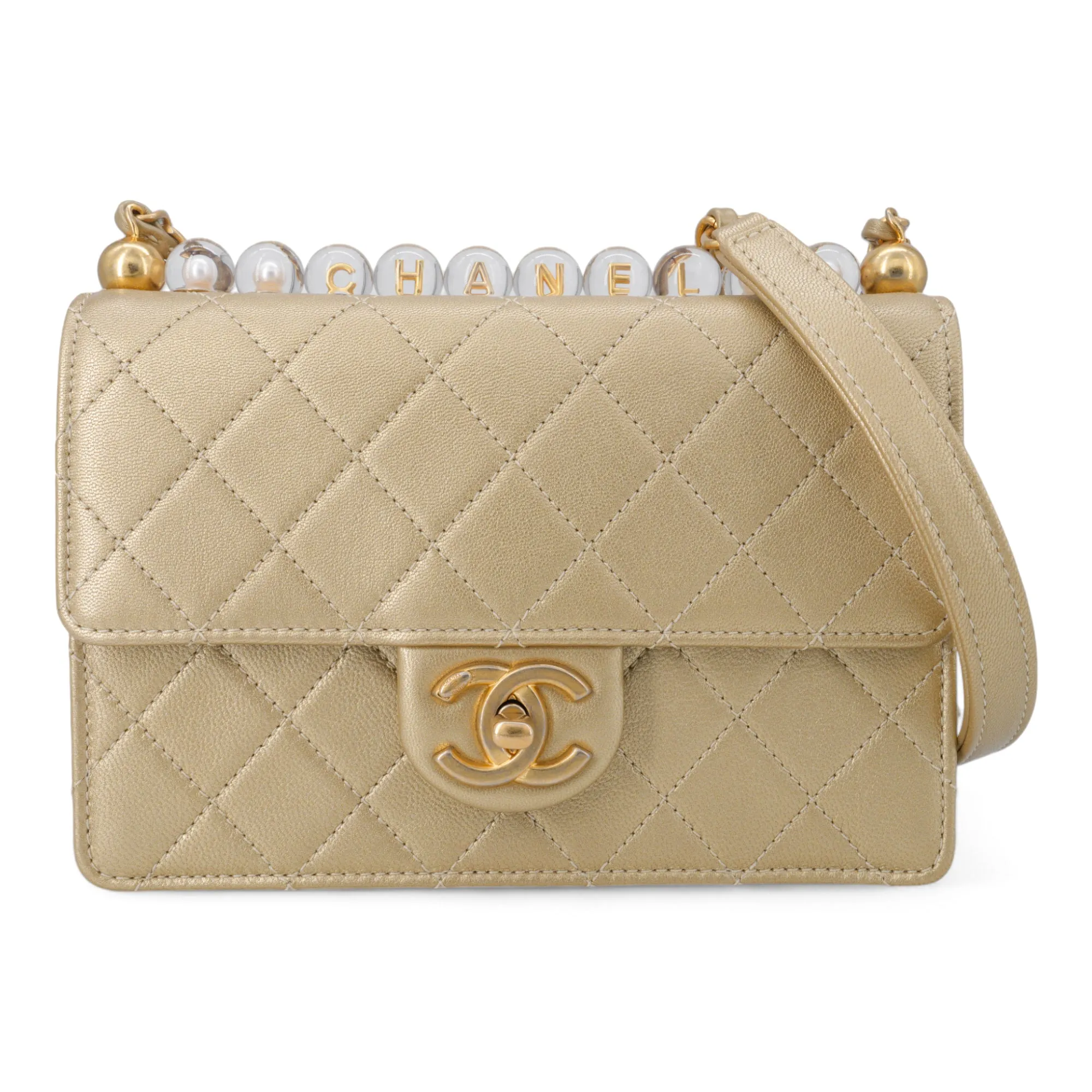 Gold Quilted Small Chic Pearls Flap Bag