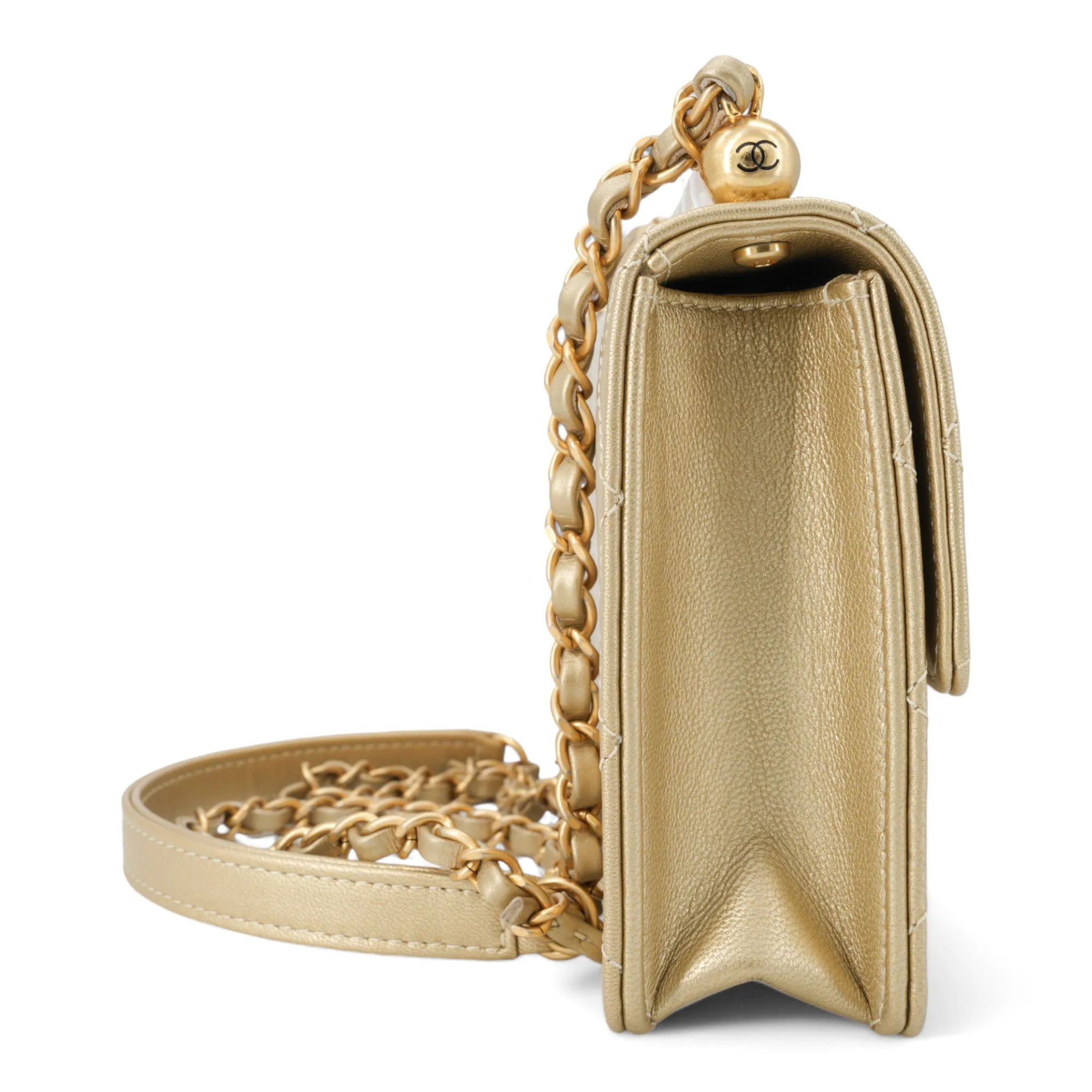 Gold Quilted Small Chic Pearls Flap Bag