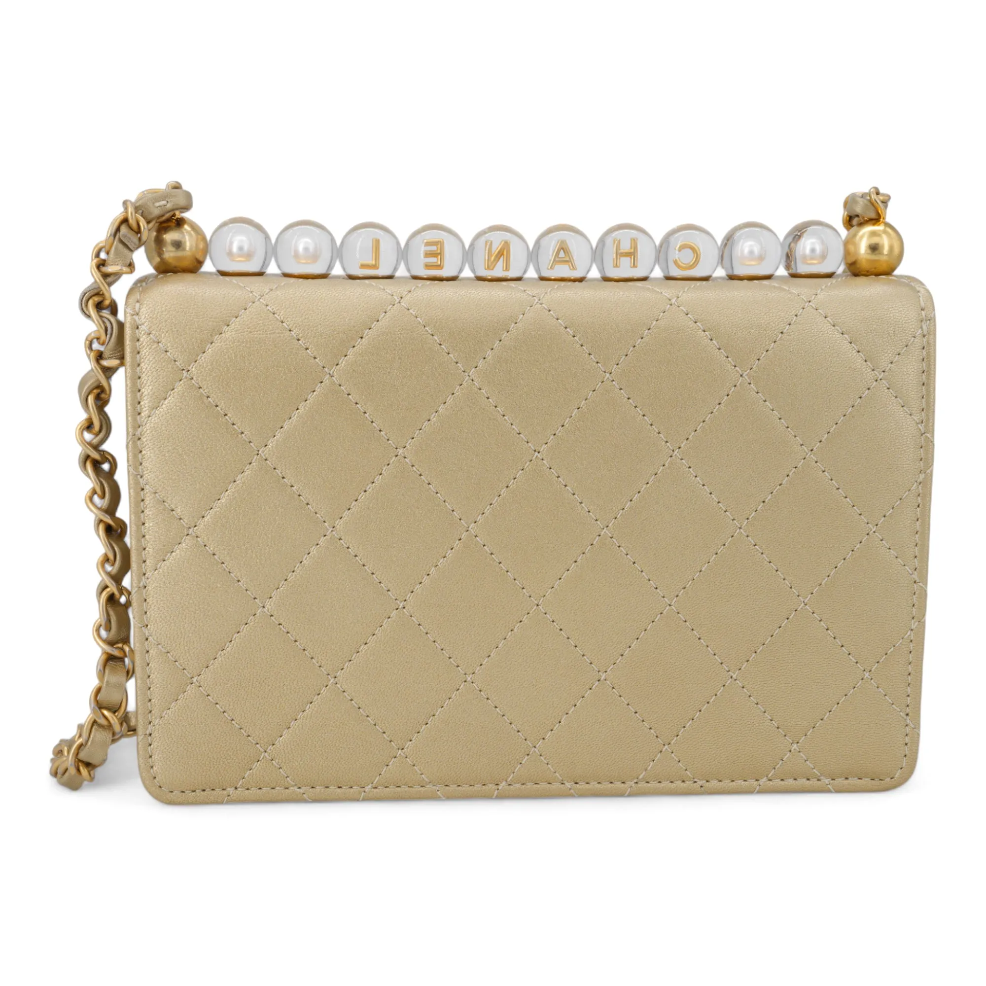 Gold Quilted Small Chic Pearls Flap Bag
