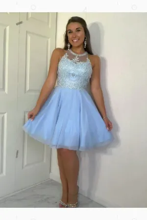 Halter Pleated Tulle Appliques Knee Length Homecoming Dresses APH0245