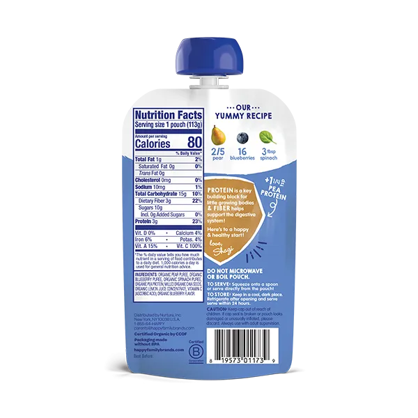 Happy Baby Happy Tot Fiber & Protein - Pear Blueberry Spinach 113g (2-PACK BUNDLE) Exp:12/25