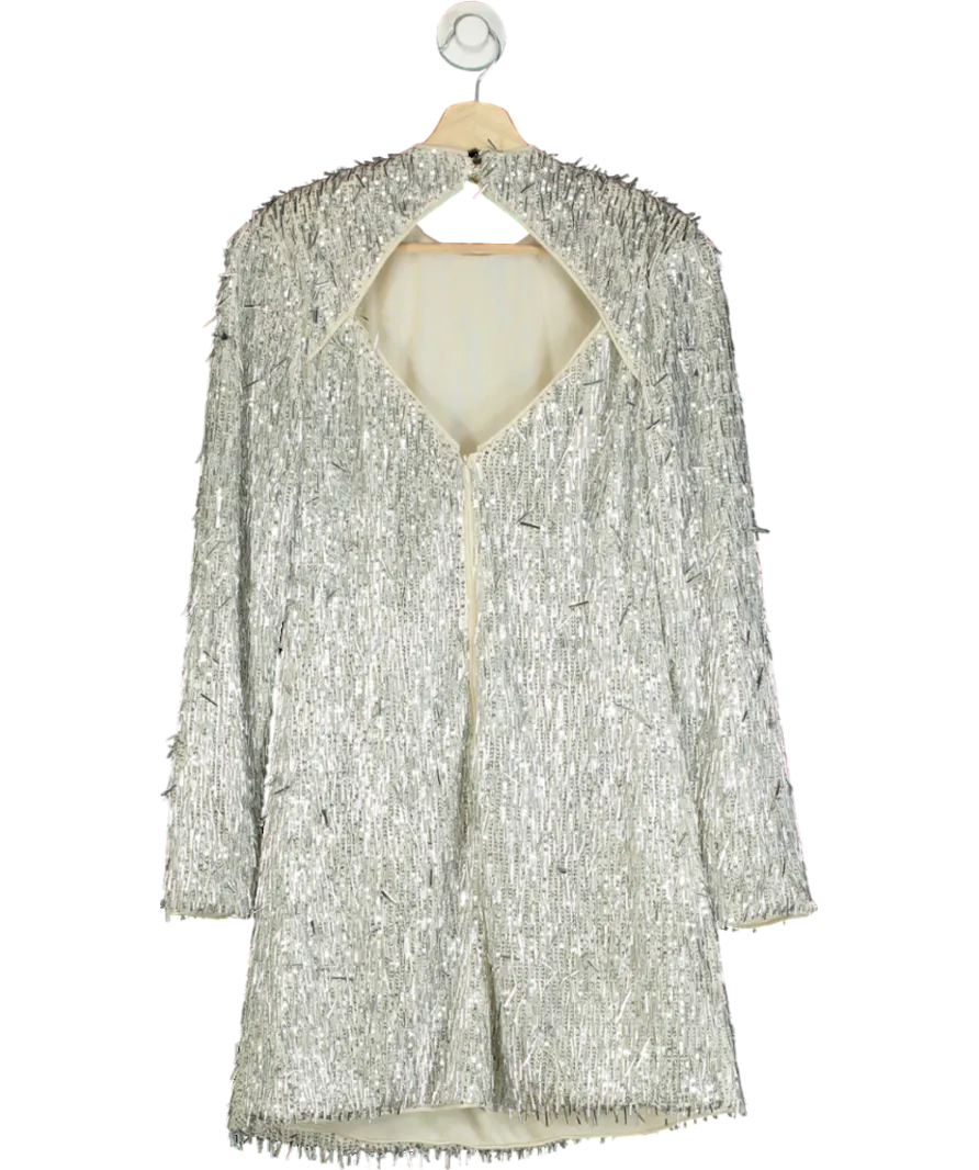 Karen Millen Metallic Sequin Strong Shoulder Cut Out Back Woven Mini Dress UK 8