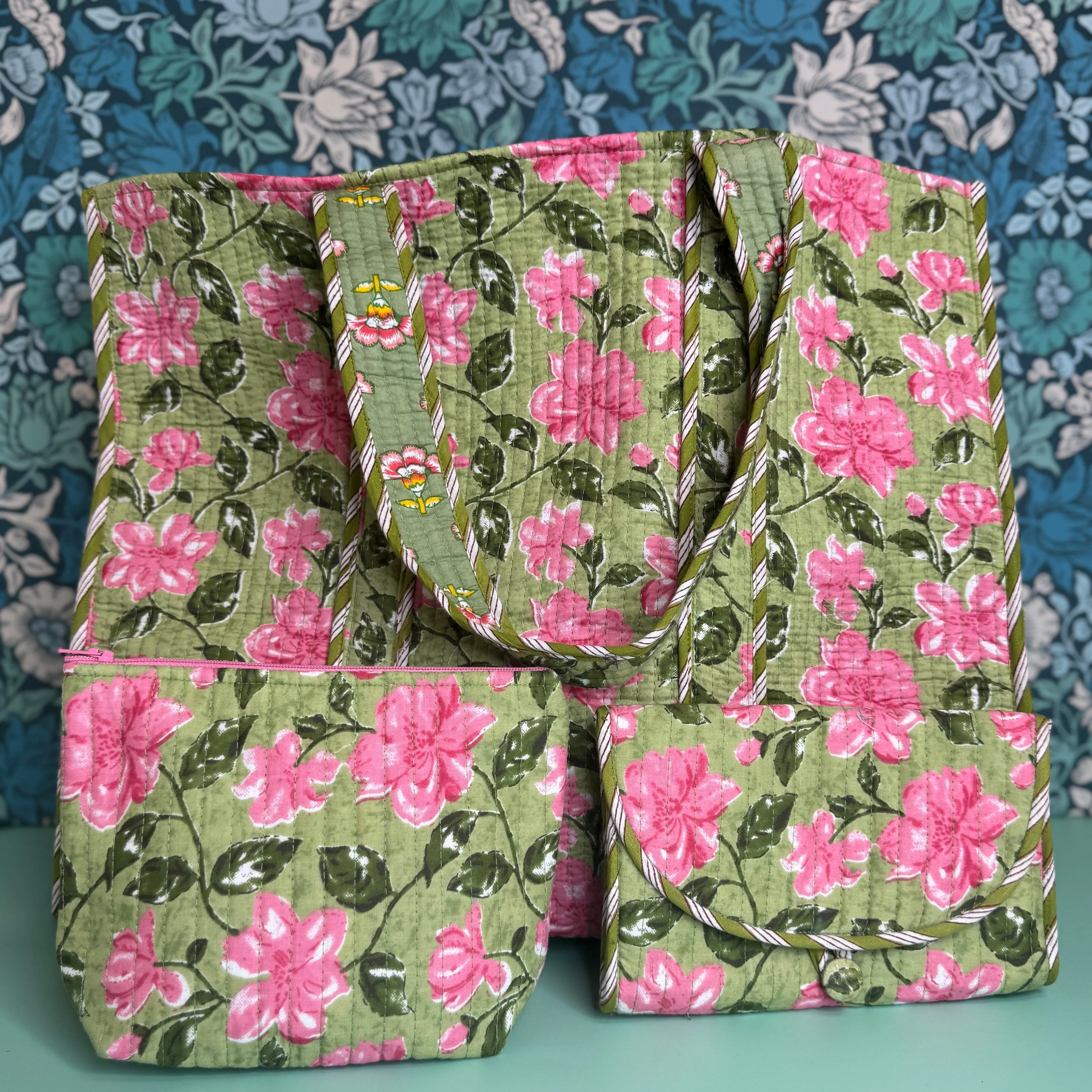 Large Reversible Quilted Tote Bag (Light Green with Pink Flowers & Pink Floral Lining)