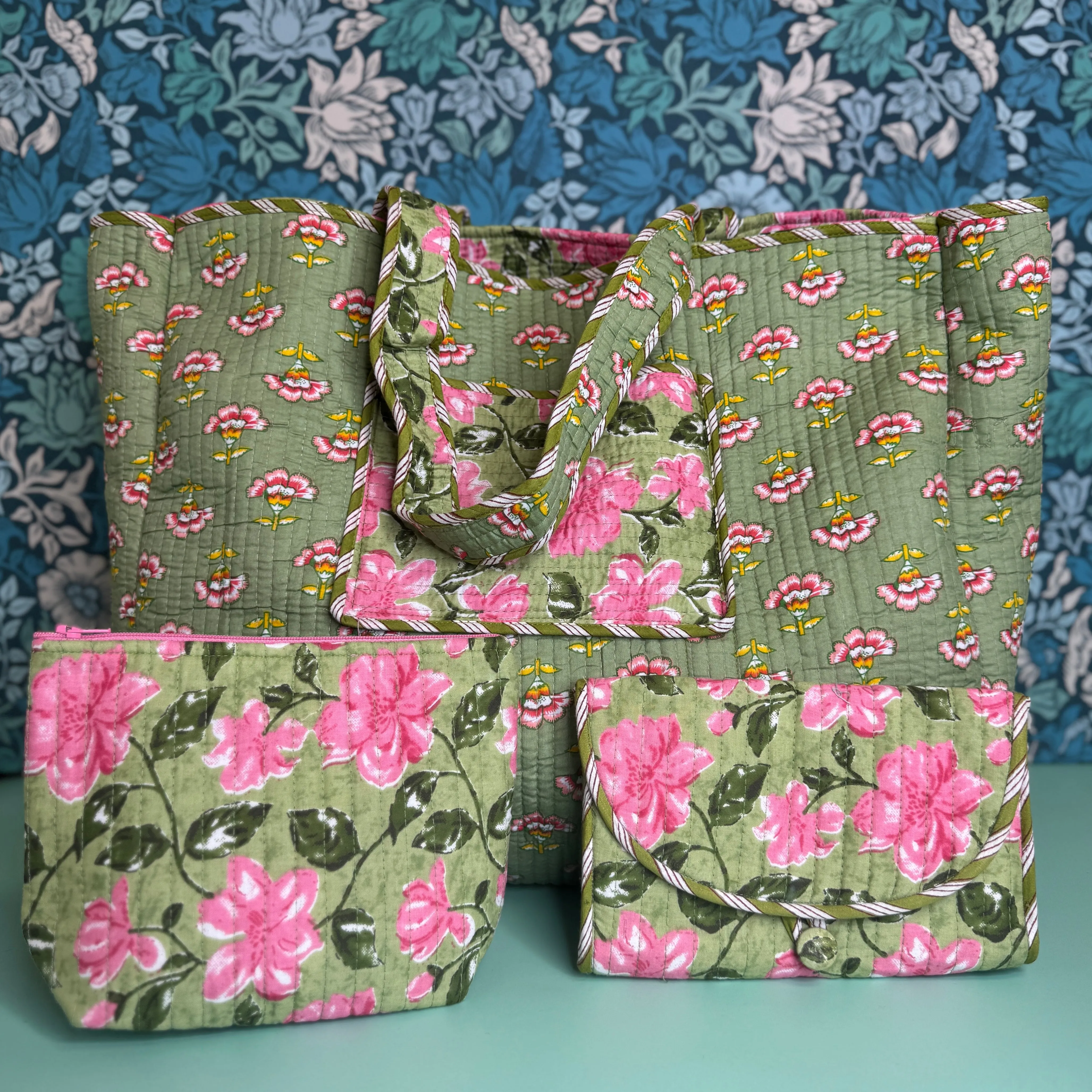 Large Reversible Quilted Tote Bag (Light Green with Pink Flowers & Pink Floral Lining)