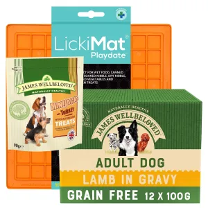 LickiMat Classic Playdate, James Wellbeloved Minijacks Turkey 90g & James Wellbeloved Grain Free Lamb in Gravy Pouches (12 x 100g)