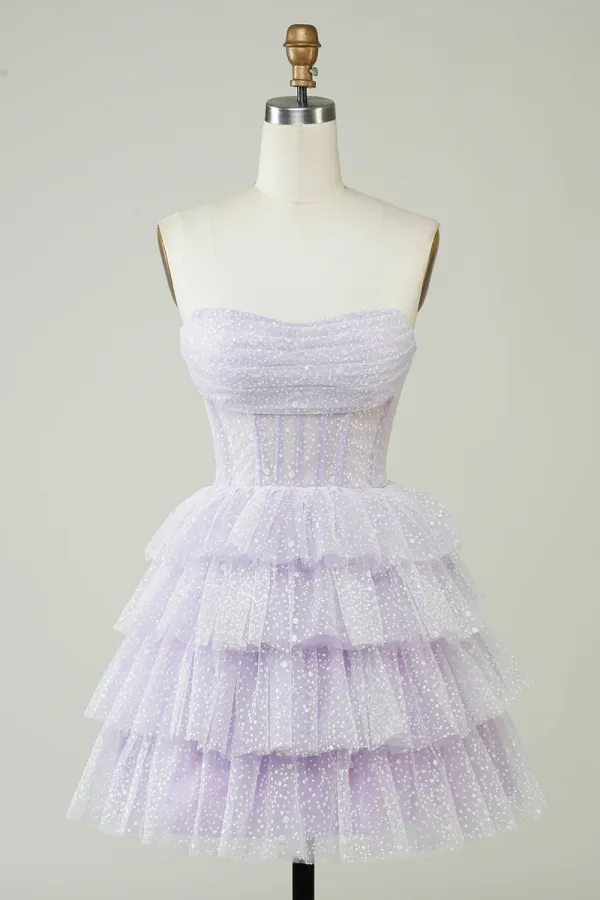 Lilac Corset Cute Tiered Sparkly Homecoming Dress With Ruffles APH0283