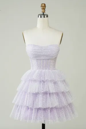 Lilac Corset Cute Tiered Sparkly Homecoming Dress With Ruffles APH0283