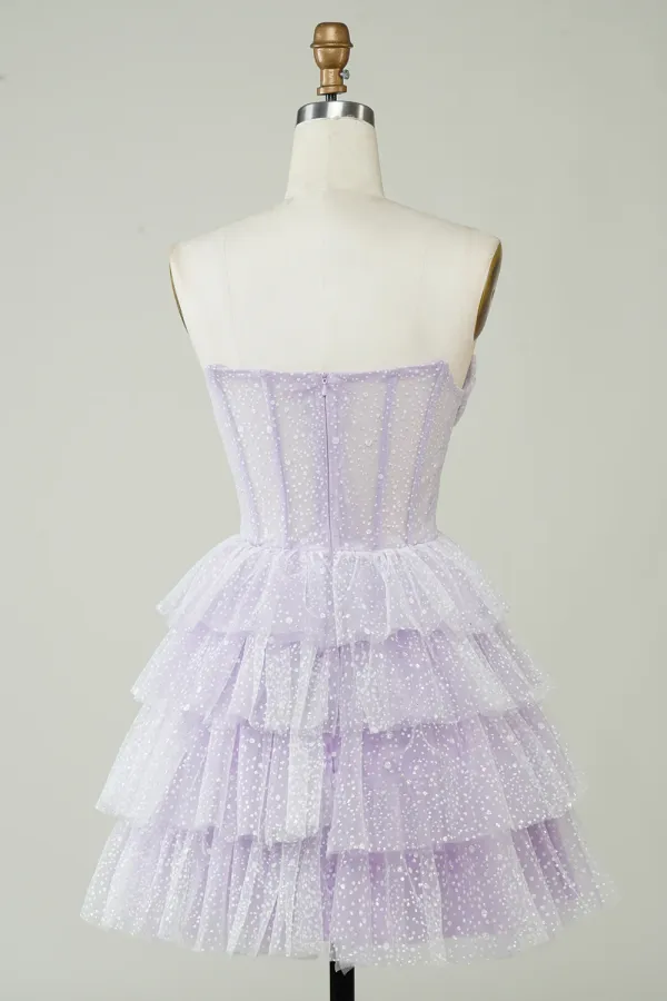 Lilac Corset Cute Tiered Sparkly Homecoming Dress With Ruffles APH0283