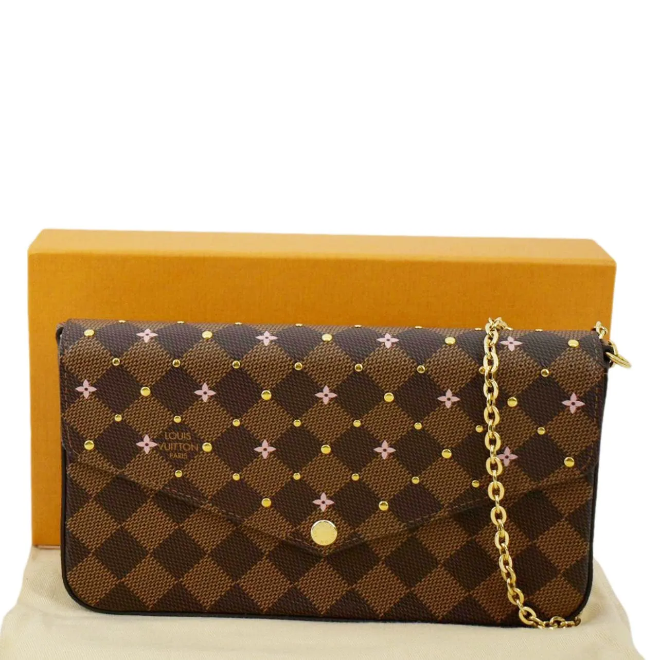 LOUIS VUITTON Studded Felicie Damier Ebene Pochette Crossbody Bag Brown