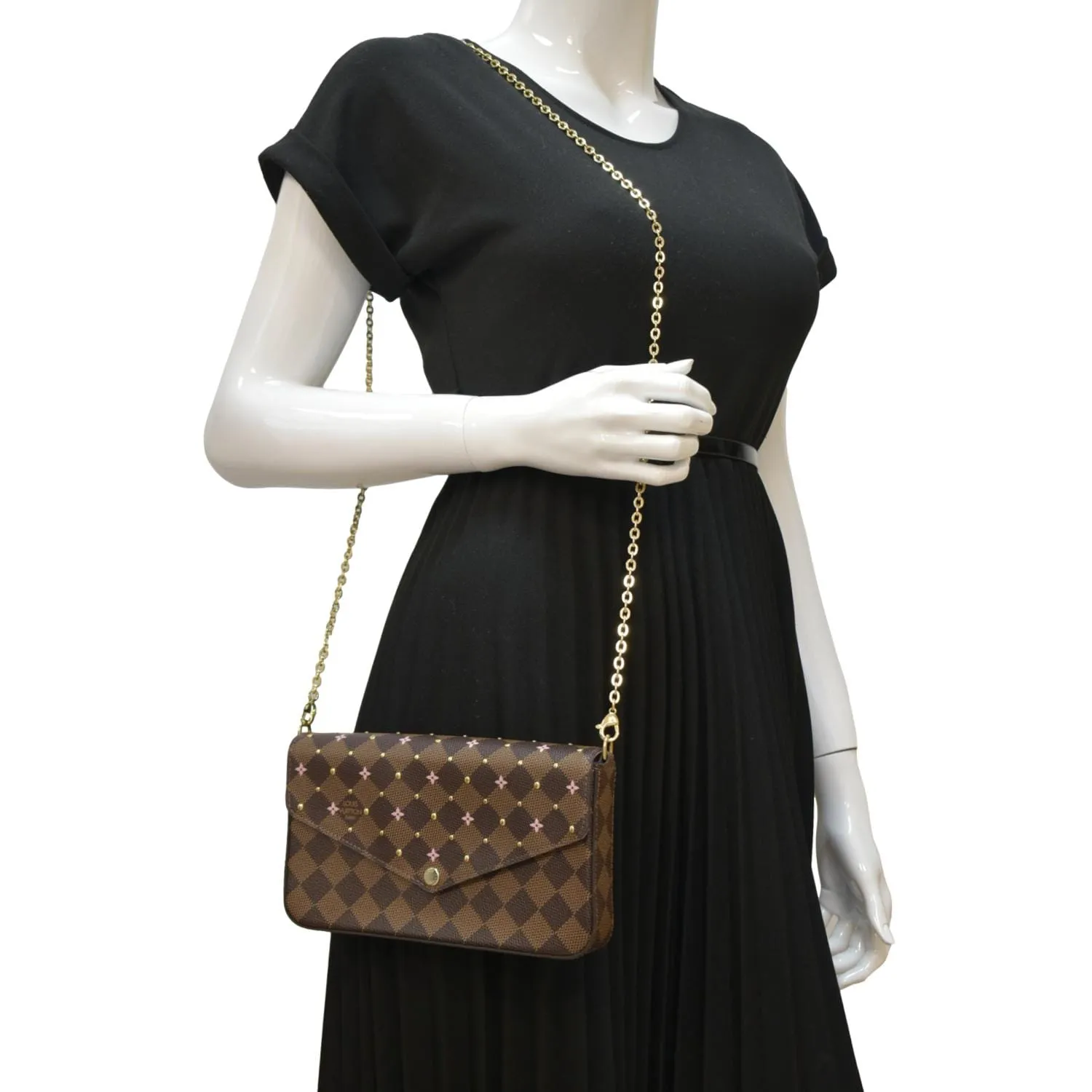 LOUIS VUITTON Studded Felicie Damier Ebene Pochette Crossbody Bag Brown