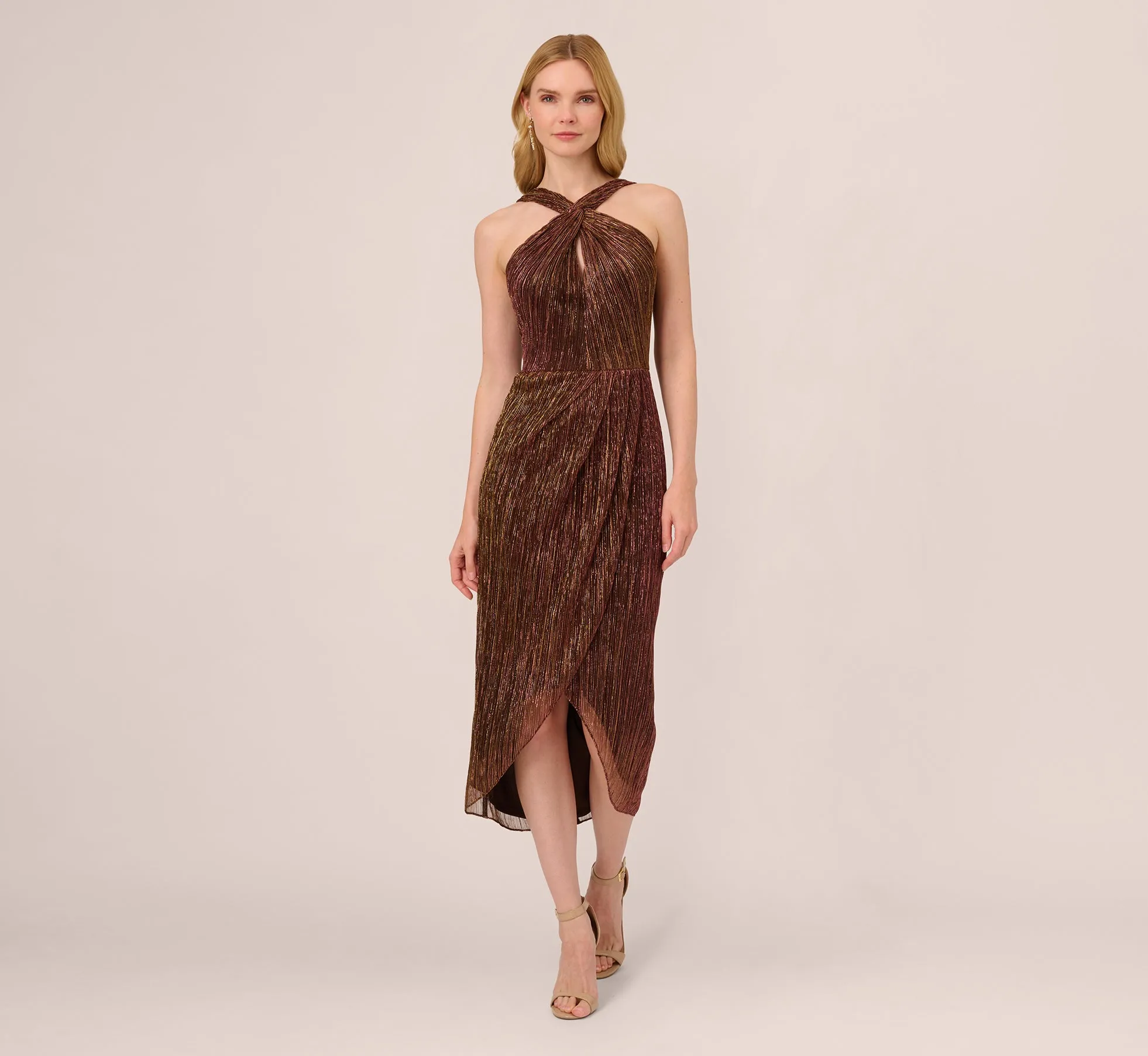 Metallic Knit Halter Midi Dress With Wrap Skirt In Copper
