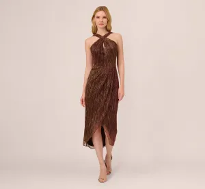 Metallic Knit Halter Midi Dress With Wrap Skirt In Copper