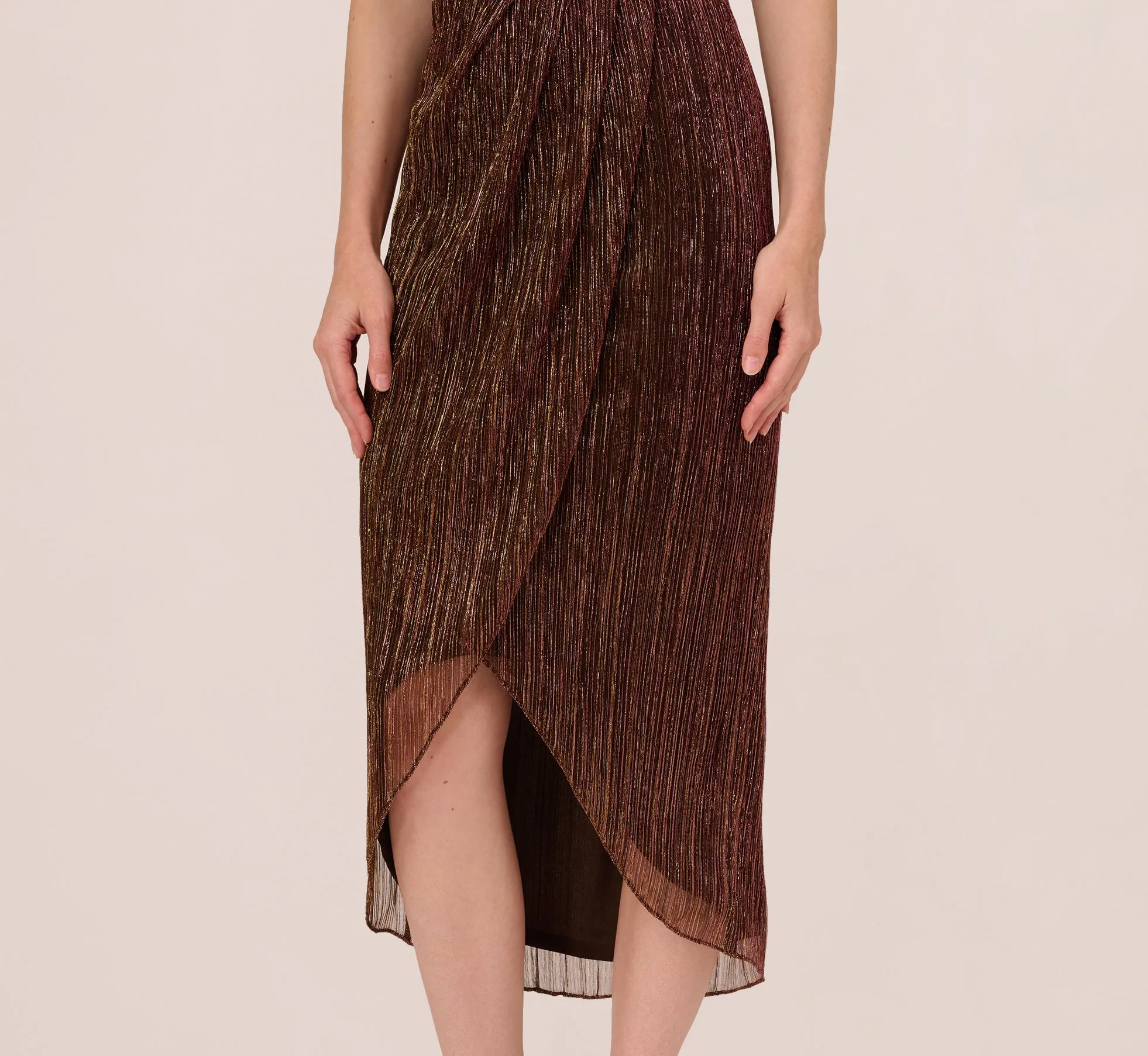 Metallic Knit Halter Midi Dress With Wrap Skirt In Copper