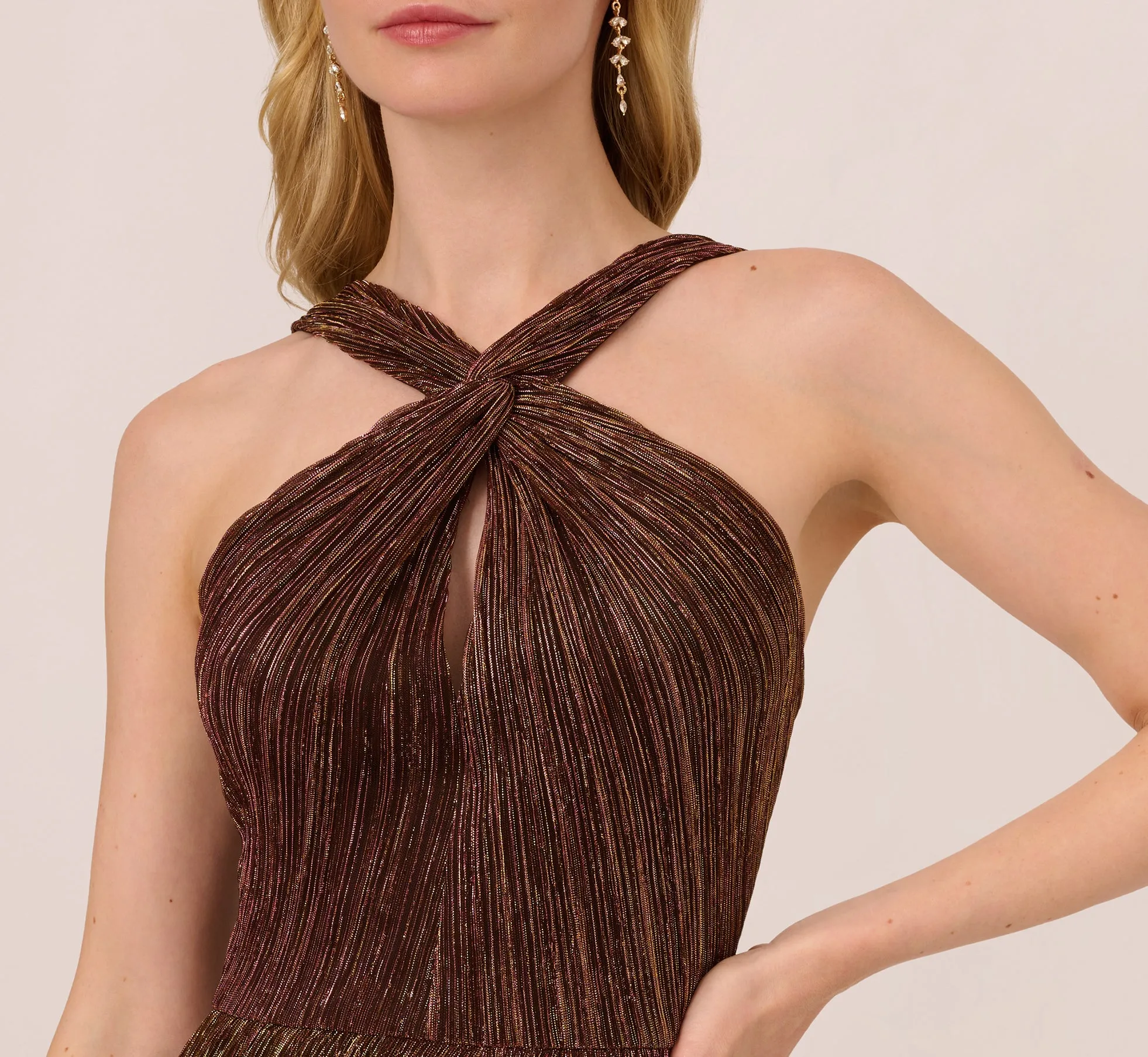 Metallic Knit Halter Midi Dress With Wrap Skirt In Copper
