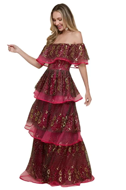 Metallic Off Shoulder Tiered Dress