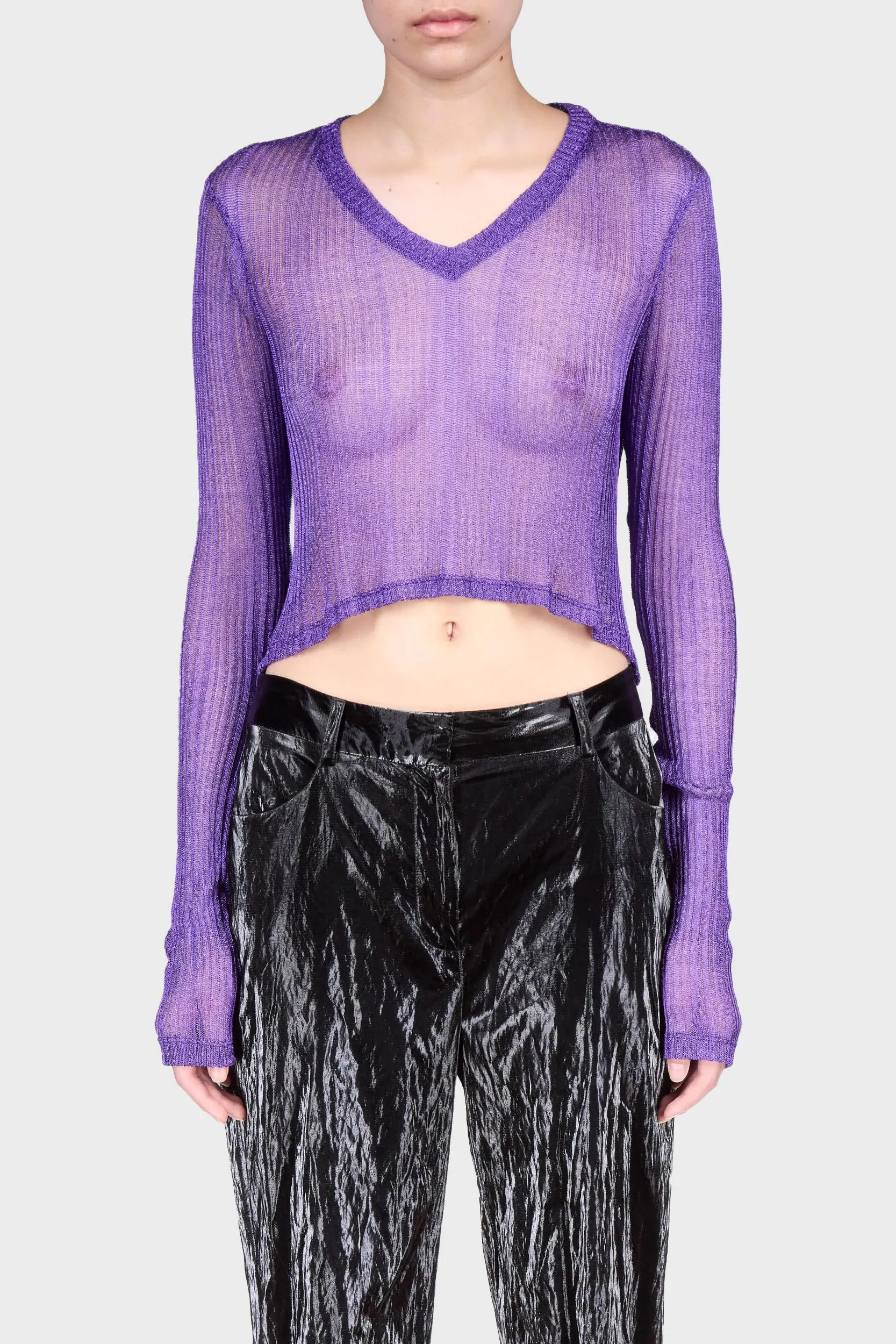 Metallic V Neck Crop Top in Amethyst