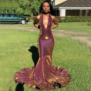 Newest Mermaid V-Neck Sparkly Prom Dresses, Long Evening Dress PD2327