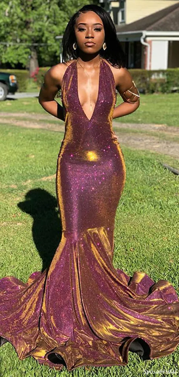 Newest Mermaid V-Neck Sparkly Prom Dresses, Long Evening Dress PD2327