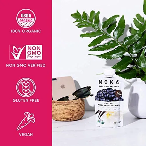 Noka Superfood Smoothie Pouches (Blackberry Vanilla) 12 Pack, with Plant Protein, Prebiotic Fiber & Flax Seed, Organic, Gluten Free, Vegan, Healthy Fruit Squeeze Snack Pack, 4.22oz Ea