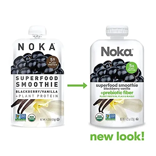 Noka Superfood Smoothie Pouches (Blackberry Vanilla) 12 Pack, with Plant Protein, Prebiotic Fiber & Flax Seed, Organic, Gluten Free, Vegan, Healthy Fruit Squeeze Snack Pack, 4.22oz Ea