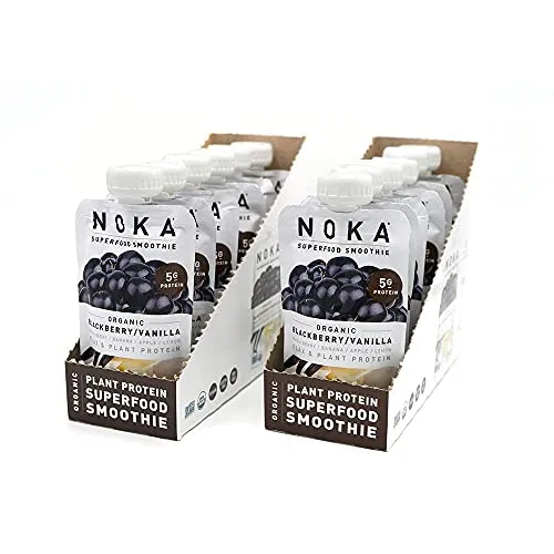Noka Superfood Smoothie Pouches (Blackberry Vanilla) 12 Pack, with Plant Protein, Prebiotic Fiber & Flax Seed, Organic, Gluten Free, Vegan, Healthy Fruit Squeeze Snack Pack, 4.22oz Ea