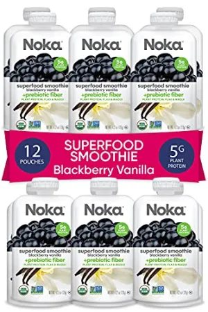 Noka Superfood Smoothie Pouches (Blackberry Vanilla) 12 Pack, with Plant Protein, Prebiotic Fiber & Flax Seed, Organic, Gluten Free, Vegan, Healthy Fruit Squeeze Snack Pack, 4.22oz Ea
