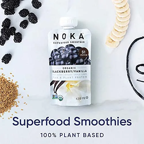 Noka Superfood Smoothie Pouches (Blackberry Vanilla) 12 Pack, with Plant Protein, Prebiotic Fiber & Flax Seed, Organic, Gluten Free, Vegan, Healthy Fruit Squeeze Snack Pack, 4.22oz Ea