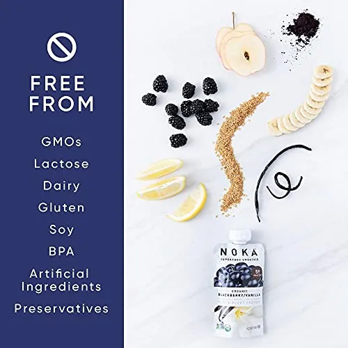 Noka Superfood Smoothie Pouches (Blackberry Vanilla) 6 Pack, with Plant Protein, Prebiotic Fiber & Flax Seed, Organic, Gluten Free, Vegan, Healthy Fruit Squeeze Snack Pack, 4.22oz Ea