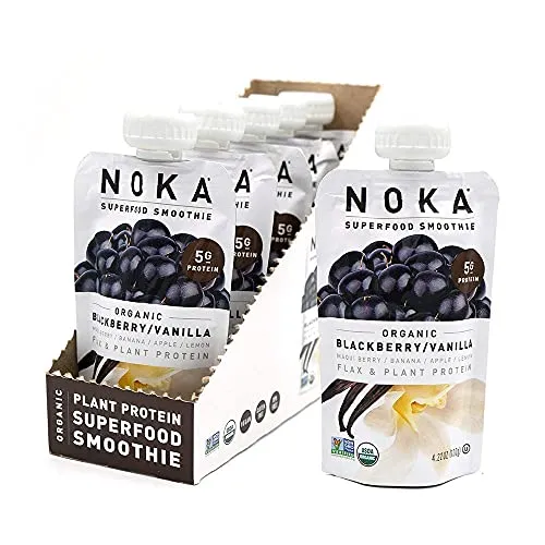 Noka Superfood Smoothie Pouches (Blackberry Vanilla) 6 Pack, with Plant Protein, Prebiotic Fiber & Flax Seed, Organic, Gluten Free, Vegan, Healthy Fruit Squeeze Snack Pack, 4.22oz Ea