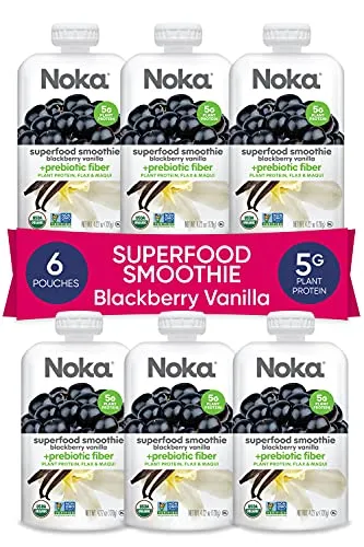 Noka Superfood Smoothie Pouches (Blackberry Vanilla) 6 Pack, with Plant Protein, Prebiotic Fiber & Flax Seed, Organic, Gluten Free, Vegan, Healthy Fruit Squeeze Snack Pack, 4.22oz Ea