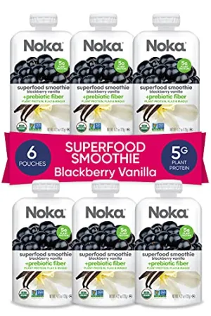 Noka Superfood Smoothie Pouches (Blackberry Vanilla) 6 Pack, with Plant Protein, Prebiotic Fiber & Flax Seed, Organic, Gluten Free, Vegan, Healthy Fruit Squeeze Snack Pack, 4.22oz Ea