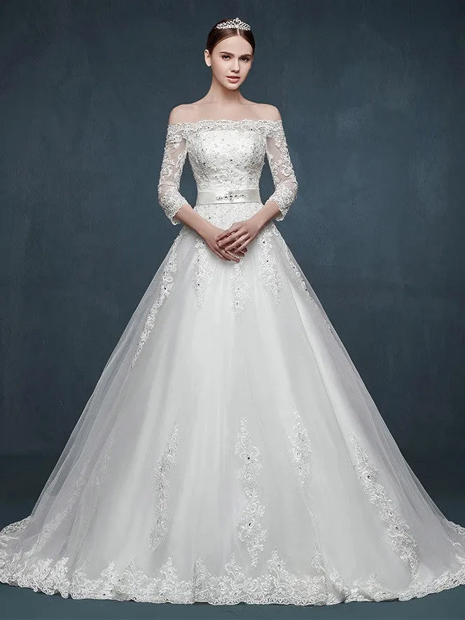 Off Shoulder Long Sleeves A-line Lace Wedding Dress