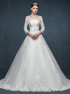 Off Shoulder Long Sleeves A-line Lace Wedding Dress