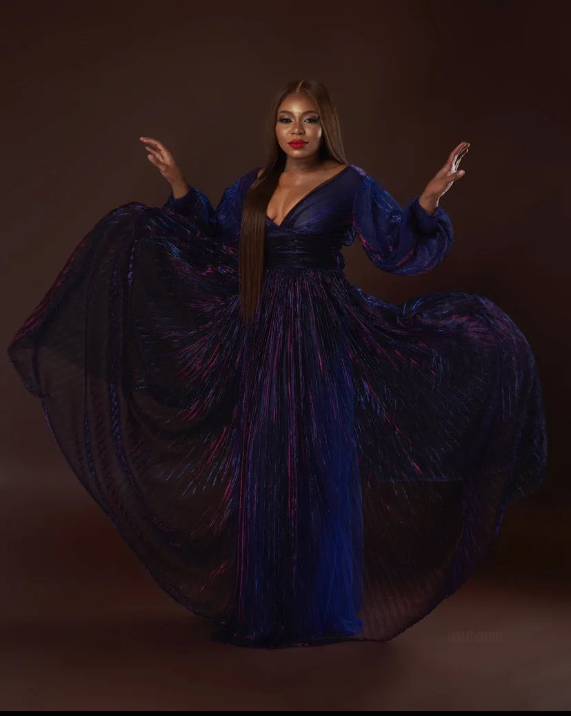 Oyemwen Holiday Collection Pleated Maxi Dress Purple/Blue
