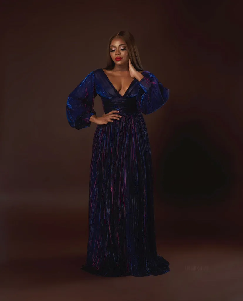 Oyemwen Holiday Collection Pleated Maxi Dress Purple/Blue