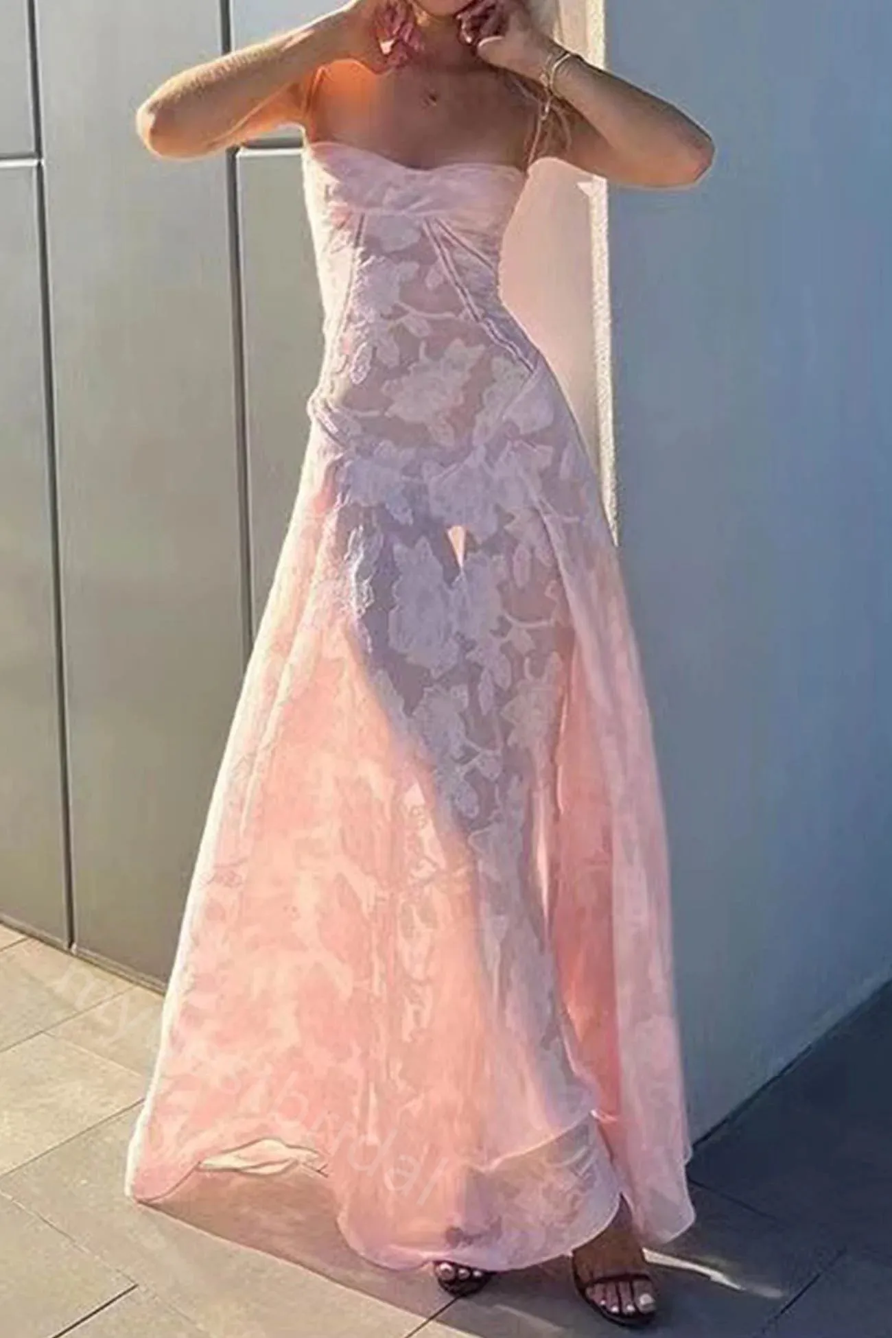Pink Spaghetti Straps Sleeveless Sheath Floor Length Prom Dress,PDS11608