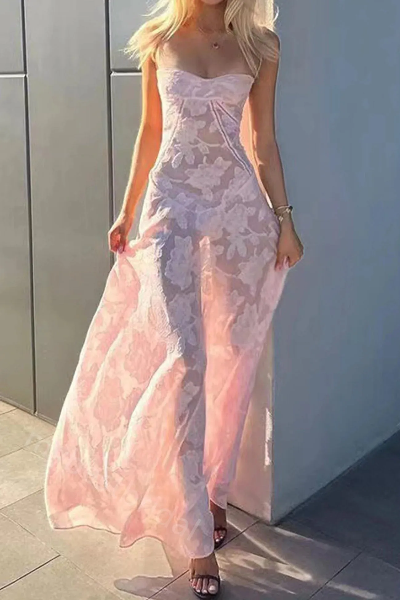 Pink Spaghetti Straps Sleeveless Sheath Floor Length Prom Dress,PDS11608