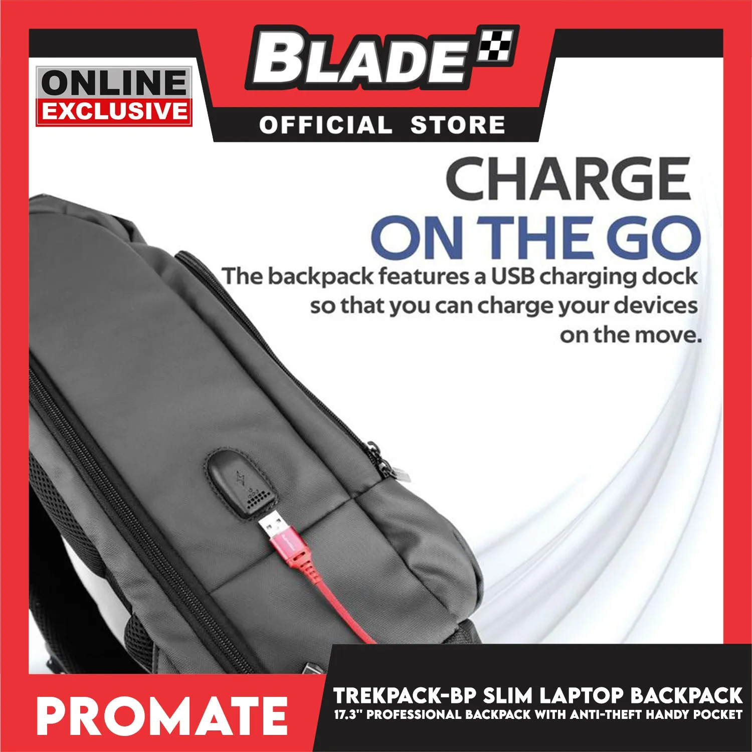 Promate 17.3'' Professional Slim Laptop Backpack with Anti-Theft Handy Pocket TrekPack-BP (Black) Bagpack