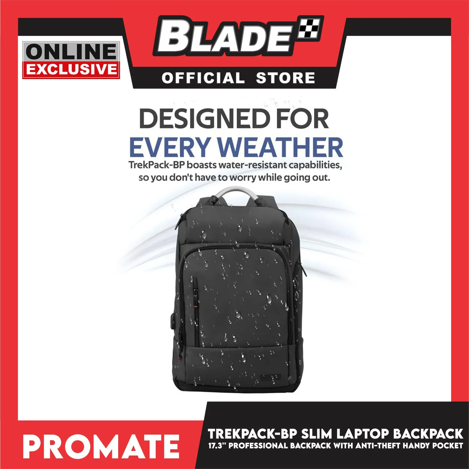 Promate 17.3'' Professional Slim Laptop Backpack with Anti-Theft Handy Pocket TrekPack-BP (Black) Bagpack