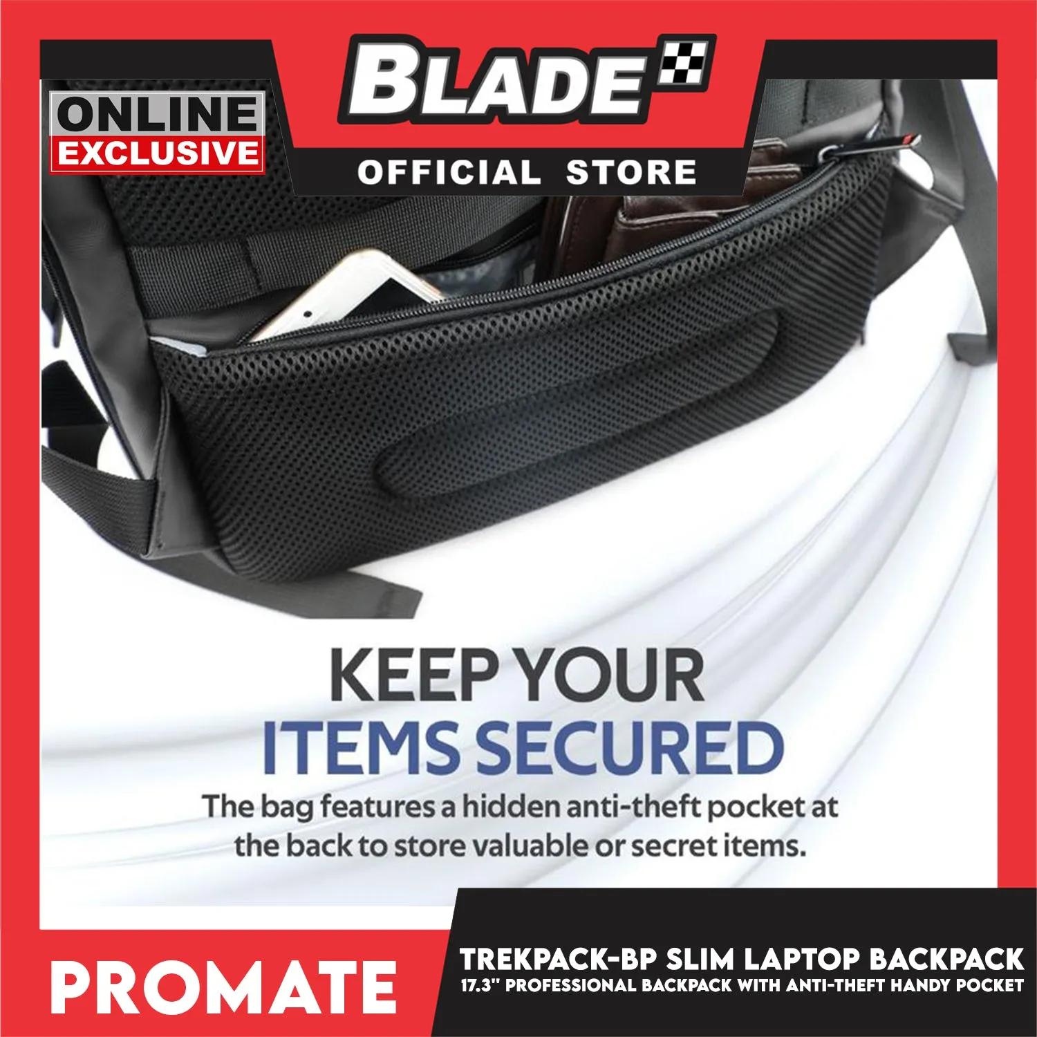 Promate 17.3'' Professional Slim Laptop Backpack with Anti-Theft Handy Pocket TrekPack-BP (Black) Bagpack