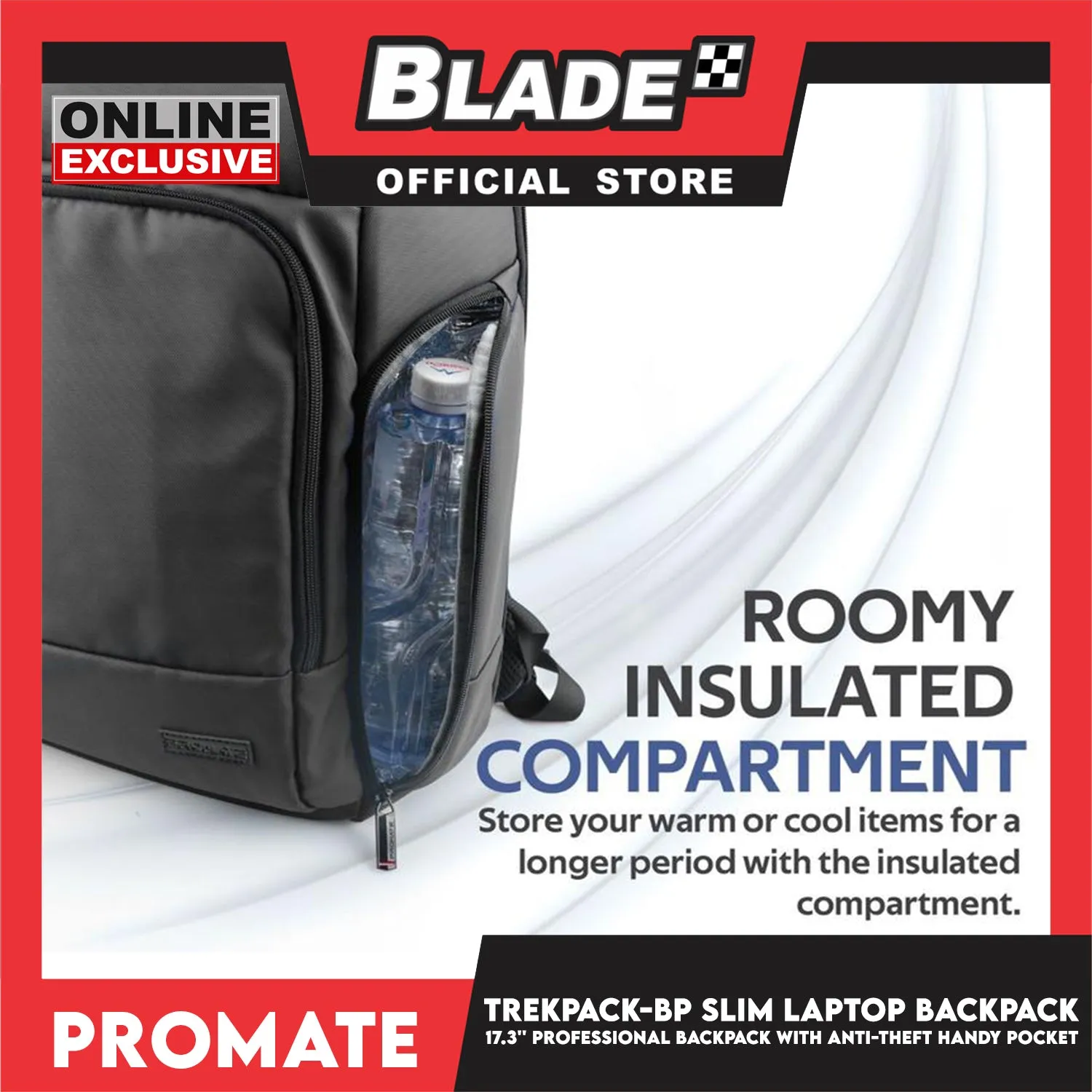 Promate 17.3'' Professional Slim Laptop Backpack with Anti-Theft Handy Pocket TrekPack-BP (Black) Bagpack